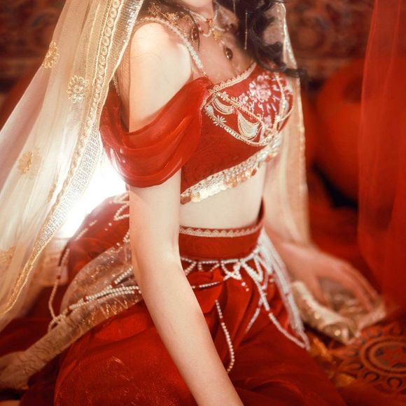 Arabian Embroidered Dancing Gown | Women Top Pants Veil Waist Chain Costume - Picture 6 of 7